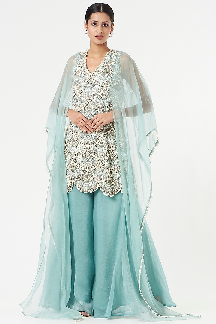 Sky Blue Tulle & Crepe Bridal Sharara Set by Ridhima Bhasin at Pernia's Pop Up Shop