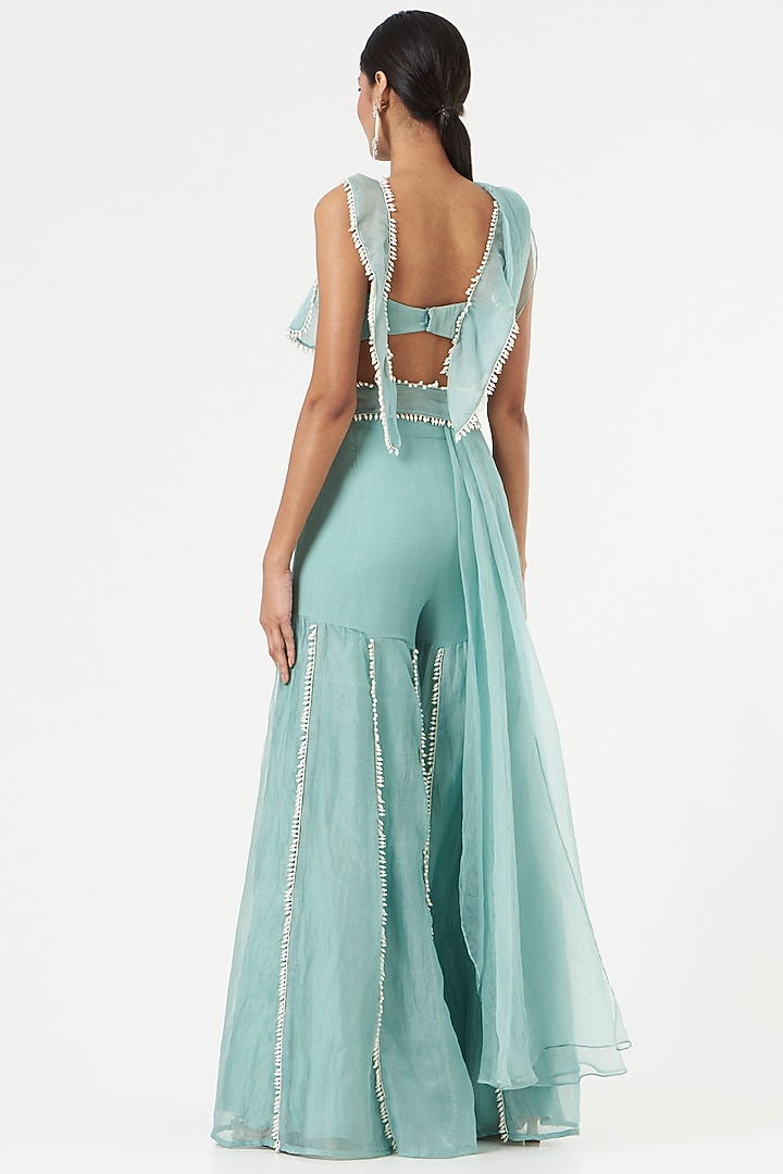 Sky Blue Organza Ruffled Sharara Wedding Saree Set by Ridhima Bhasin at Pernia's Pop Up Shop