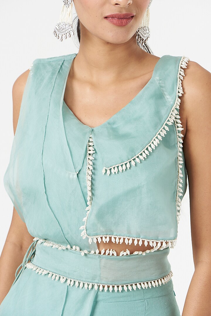 Sky Blue Organza Ruffled Sharara Wedding Saree Set by Ridhima Bhasin at Pernia's Pop Up Shop