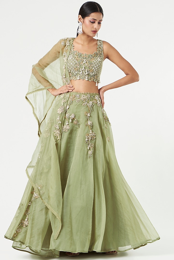 Olive Green Embroidered Wedding Lehenga Set by Ridhima Bhasin at Pernia's Pop Up Shop