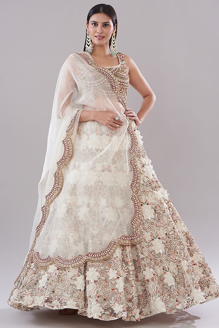 Ivory Organza Embroidered Bridal Lehenga Set by Ridhima Bhasin at Pernia's Pop Up Shop