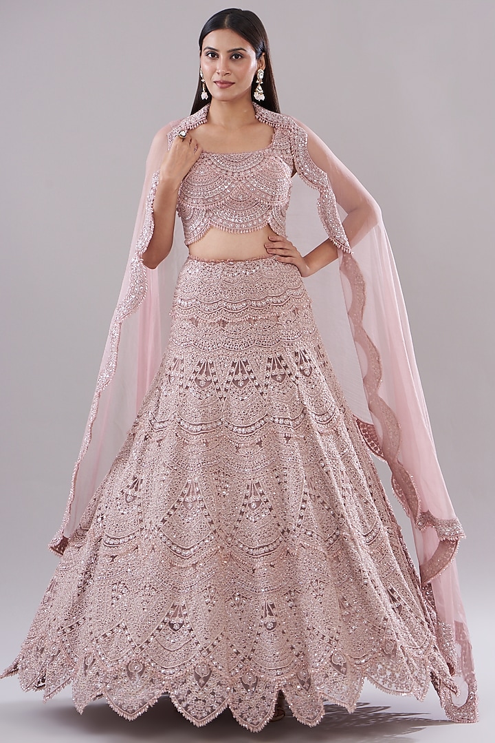 Blush Pink Tulle & Organza Embroidered Bridal Lehenga Set by Ridhima Bhasin at Pernia's Pop Up Shop