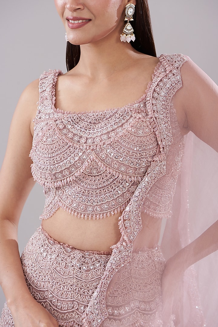 Blush Pink Tulle & Organza Embroidered Bridal Lehenga Set by Ridhima Bhasin at Pernia's Pop Up Shop