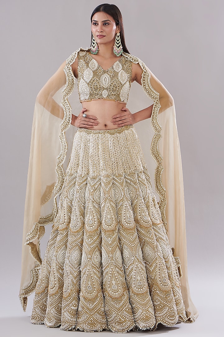 Beige Organza Embroidered Bridal Lehenga Set by Ridhima Bhasin at Pernia's Pop Up Shop