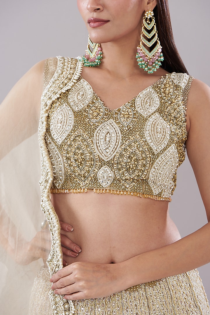 Beige Organza Embroidered Bridal Lehenga Set by Ridhima Bhasin at Pernia's Pop Up Shop