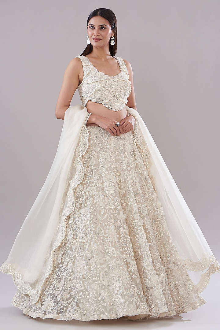 Ivory Organza Embroidered Bridal Lehenga Set by Ridhima Bhasin at Pernia's Pop Up Shop