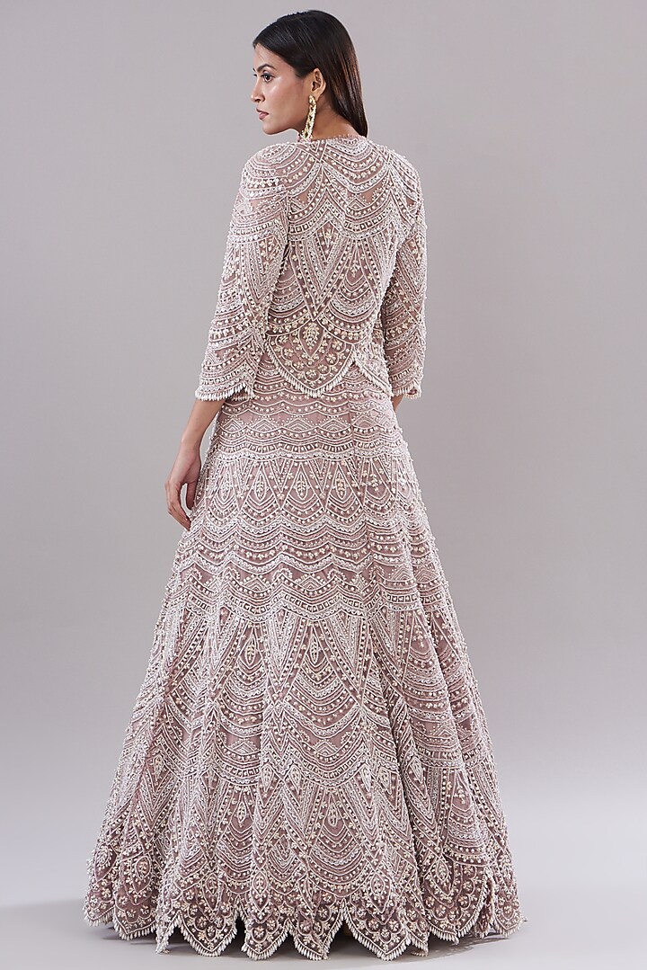 Blush Pink Tulle & Organza Embroidered Jacket Bridal Lehenga Set by Ridhima Bhasin at Pernia's Pop Up Shop