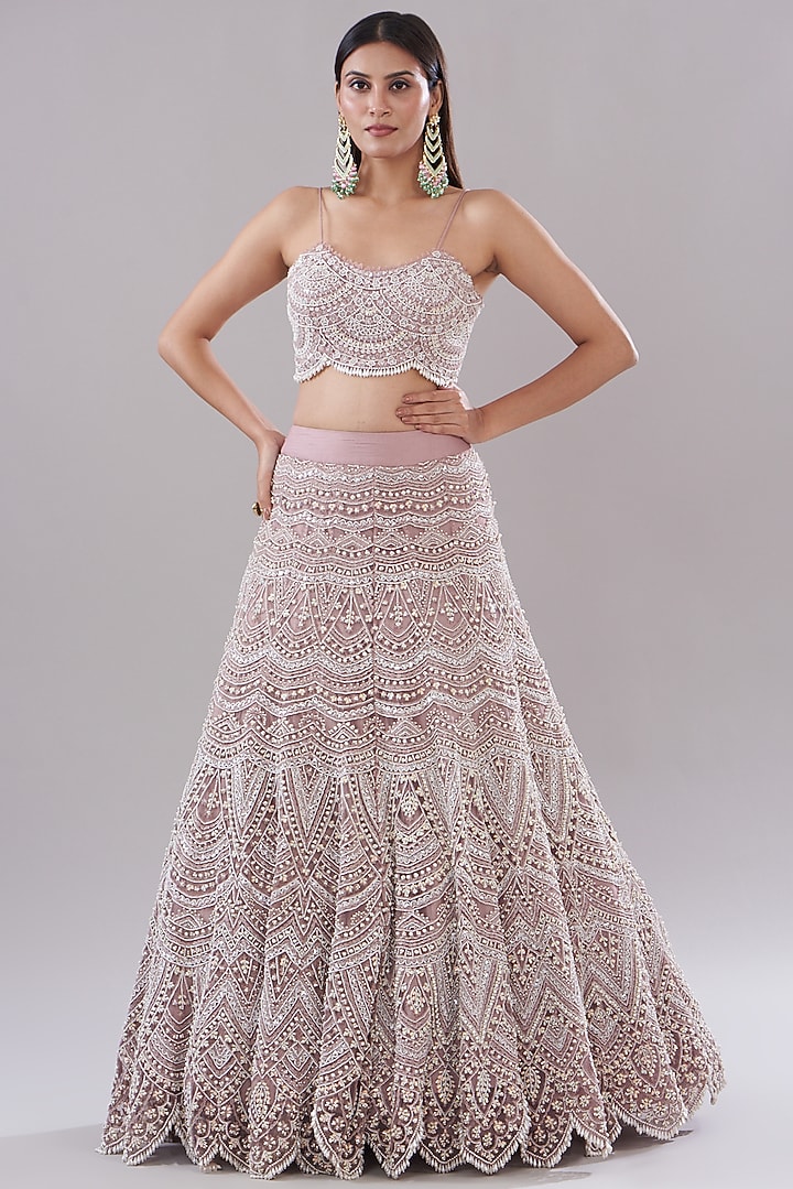 Blush Pink Tulle & Organza Embroidered Jacket Bridal Lehenga Set by Ridhima Bhasin at Pernia's Pop Up Shop