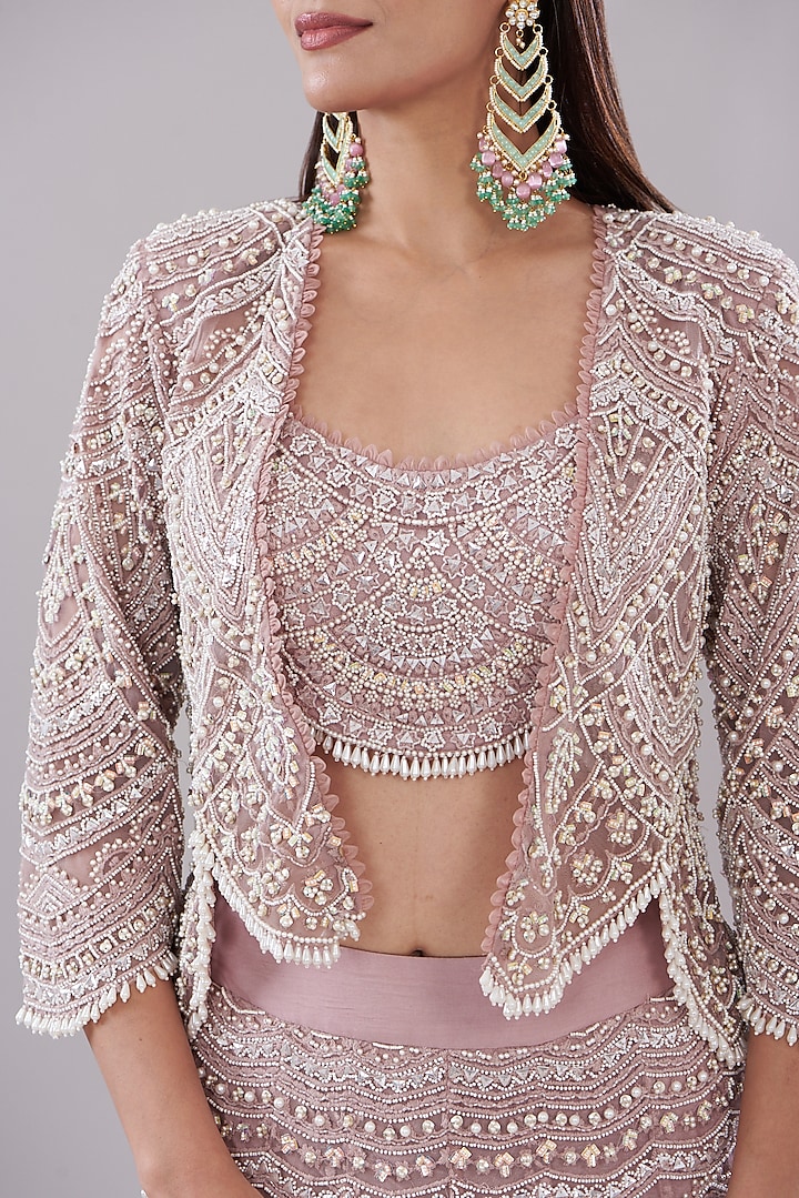Blush Pink Tulle & Organza Embroidered Jacket Bridal Lehenga Set by Ridhima Bhasin at Pernia's Pop Up Shop