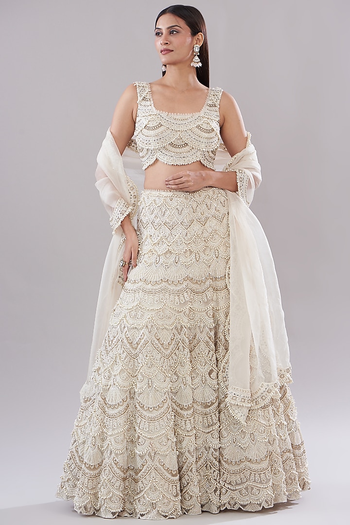Ivory Tulle & Organza Embroidered Bridal Lehenga Set by Ridhima Bhasin at Pernia's Pop Up Shop