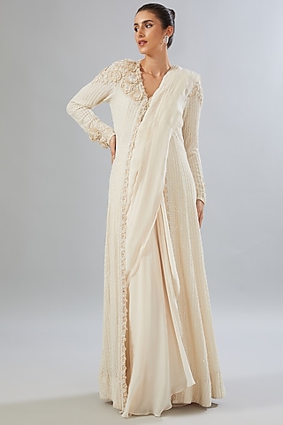 Ivory Flat Chiffon & Organza Pre-Draped Saree Set by Ridhima Bhasin