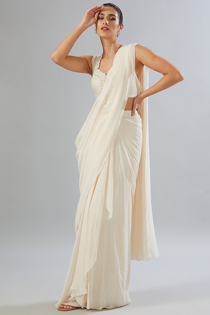 Ivory Flat Chiffon & Organza Pre-Draped Reception Saree Set by Ridhima Bhasin at Pernia's Pop Up Shop