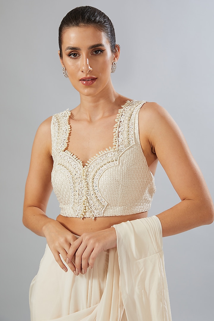 Ivory Flat Chiffon & Organza Pre-Draped Reception Saree Set by Ridhima Bhasin at Pernia's Pop Up Shop