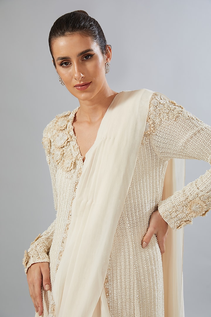 Ivory Flat Chiffon & Organza Pre-Draped Reception Saree Set by Ridhima Bhasin at Pernia's Pop Up Shop