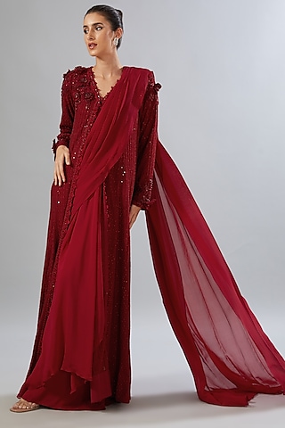 Red Flat Chiffon & Organza Pre-Draped Saree Set by Ridhima Bhasin