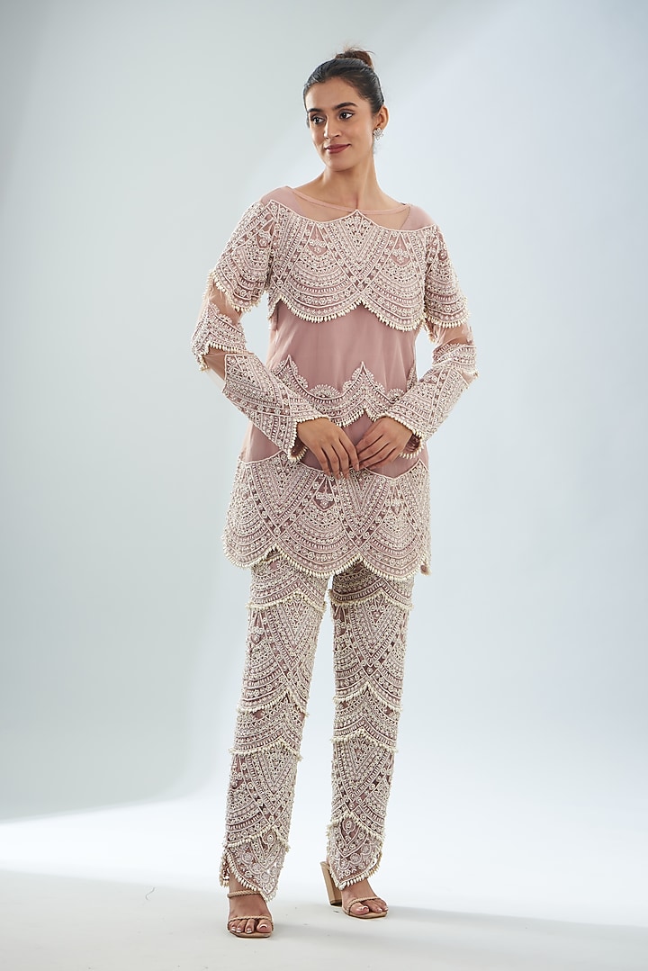 Dusty Pink Pure Crepe & Organza Pant Set by Ridhima Bhasin at Pernia's Pop Up Shop