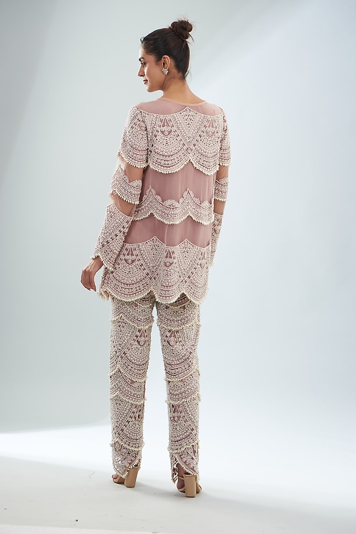 Dusty Pink Pure Crepe & Organza Pant Set by Ridhima Bhasin at Pernia's Pop Up Shop