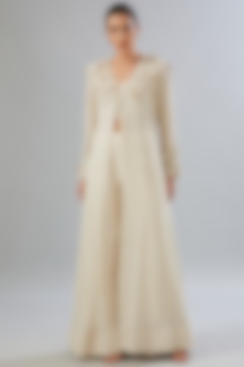 Ivory Georgette & Organza Embroidered Jacket Set by Ridhima Bhasin at Pernia's Pop Up Shop