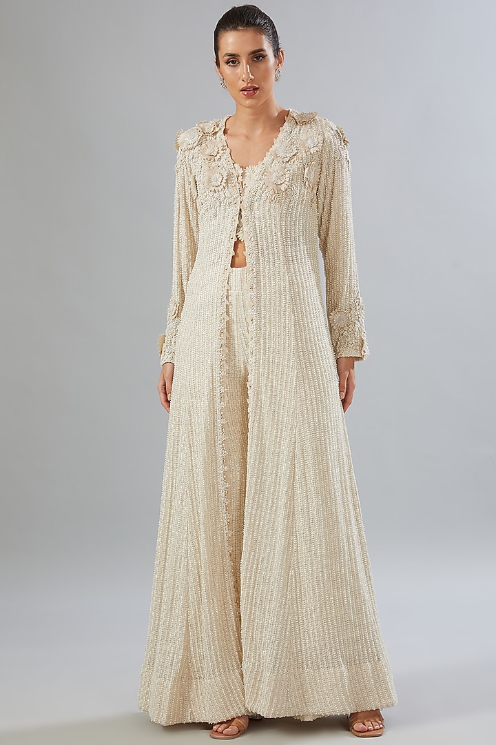Ivory Georgette & Organza Embroidered Jacket Set by Ridhima Bhasin at Pernia's Pop Up Shop