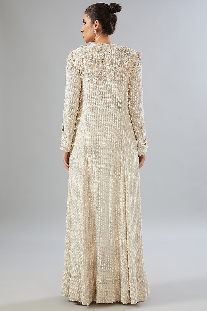 Ivory Georgette & Organza Embroidered Jacket Set by Ridhima Bhasin at Pernia's Pop Up Shop