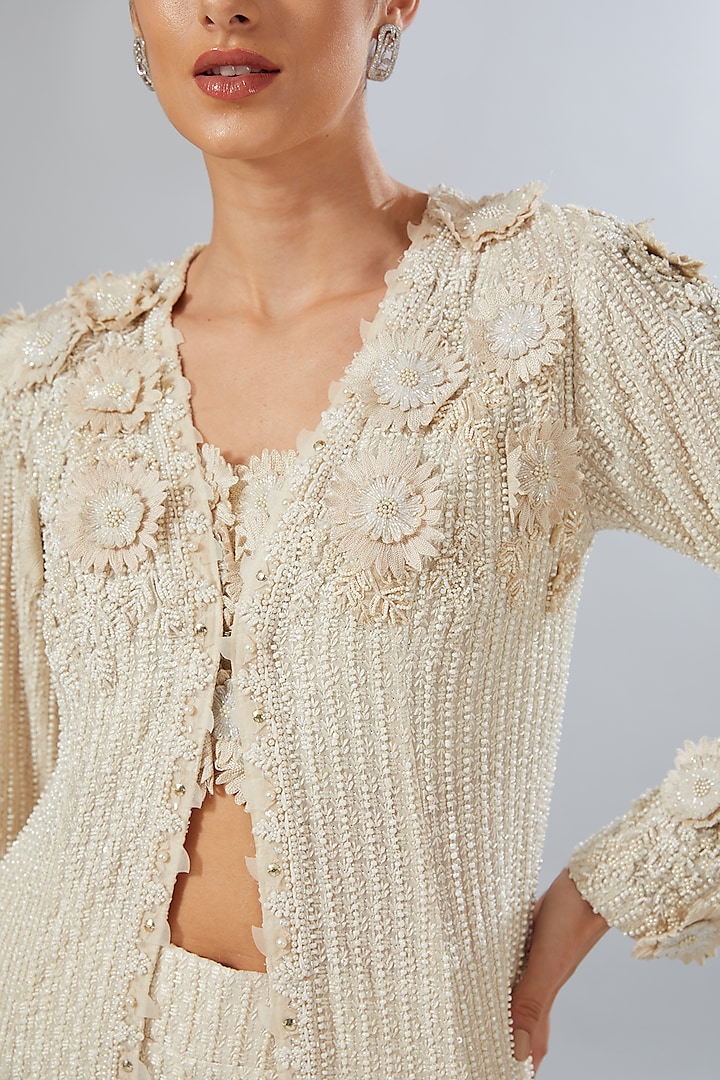 Ivory Georgette & Organza Embroidered Jacket Set by Ridhima Bhasin at Pernia's Pop Up Shop