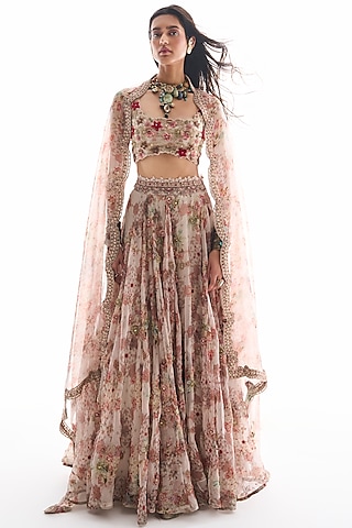 Dirty White Organza Floral Printed & Embroidered Lehenga Set by Ridhima Bhasin