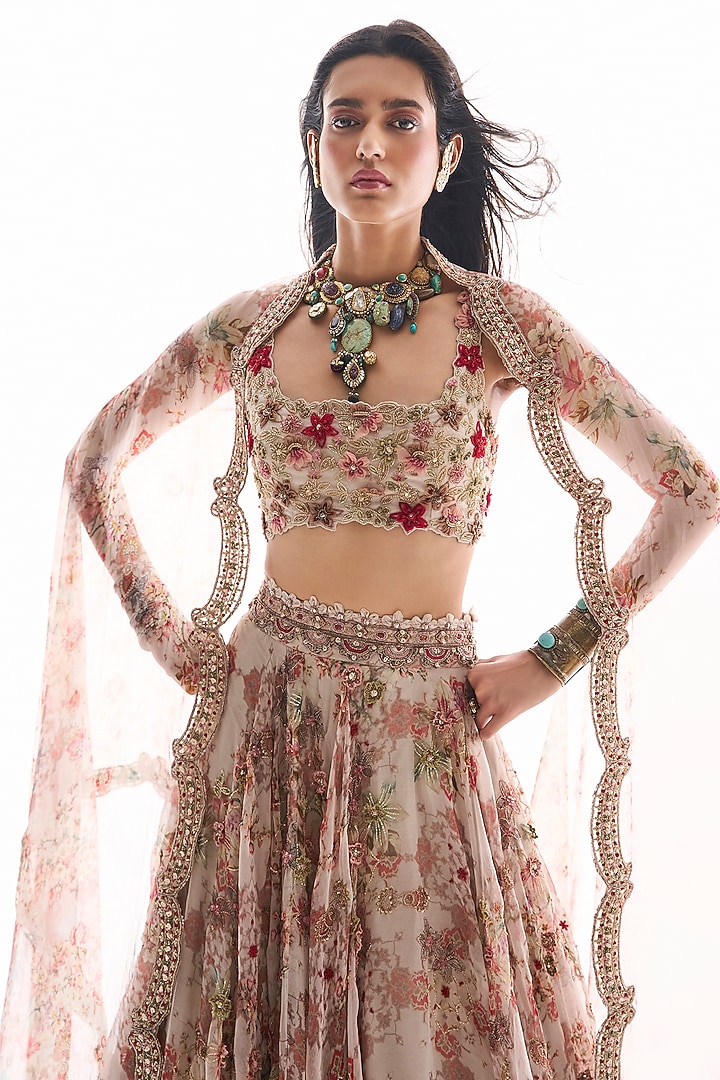 Dirty White Organza Floral Printed & Embroidered Bridal Lehenga Set by Ridhima Bhasin at Pernia's Pop Up Shop