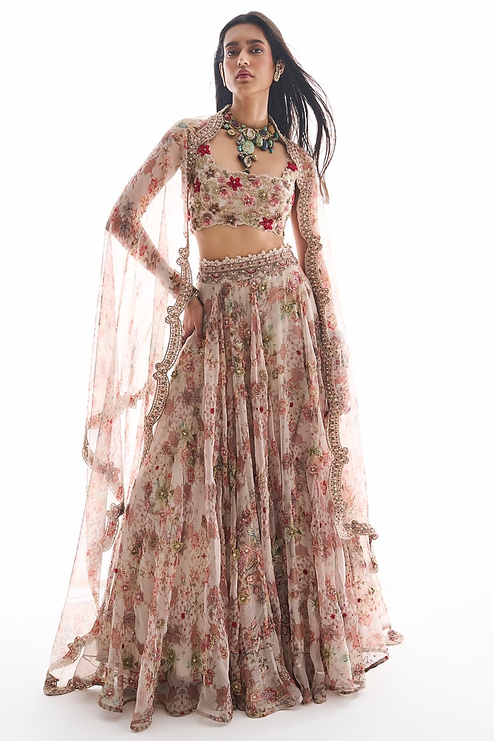 Dirty White Organza Floral Printed & Embroidered Bridal Lehenga Set by Ridhima Bhasin at Pernia's Pop Up Shop