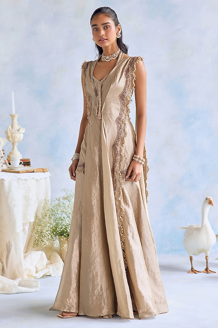 Light Gold Tissue Embroidered Bridal Sharara Set by Ridhima Bhasin at Pernia's Pop Up Shop