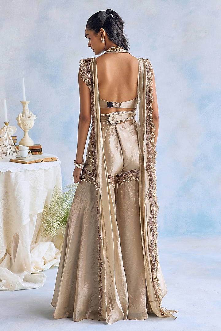 Light Gold Tissue Embroidered Bridal Sharara Set by Ridhima Bhasin at Pernia's Pop Up Shop