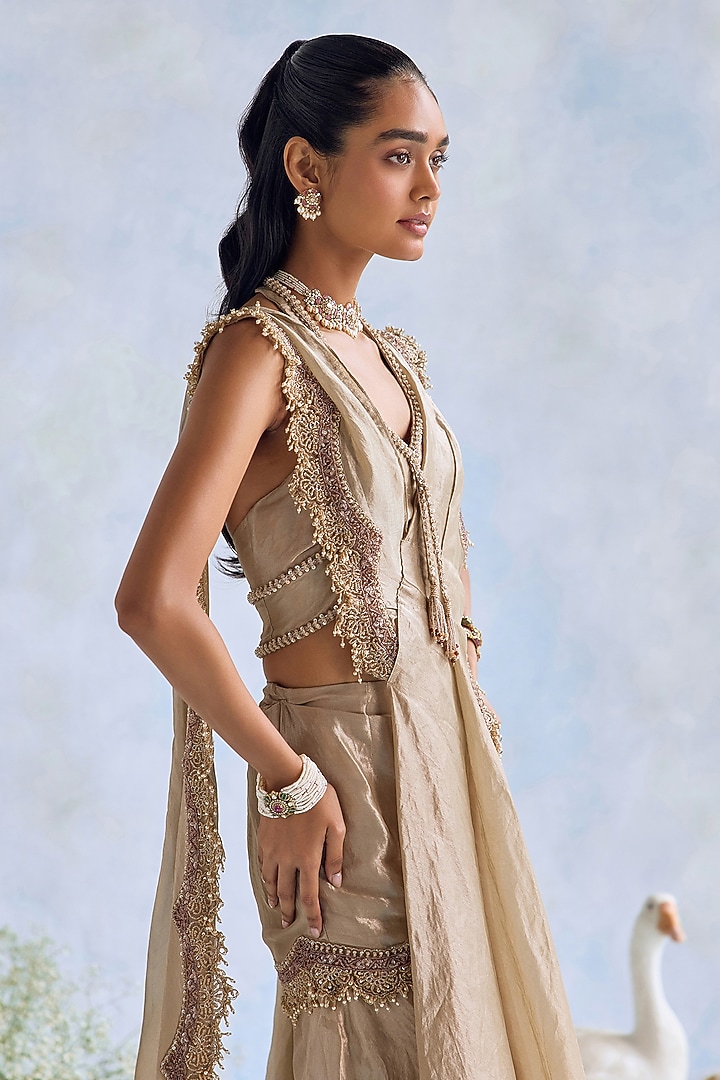 Light Gold Tissue Embroidered Bridal Sharara Set by Ridhima Bhasin at Pernia's Pop Up Shop