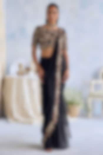 Midnight Black Chiffon Hand Embroidered Pre-Draped Reception Saree Set by Ridhima Bhasin at Pernia's Pop Up Shop