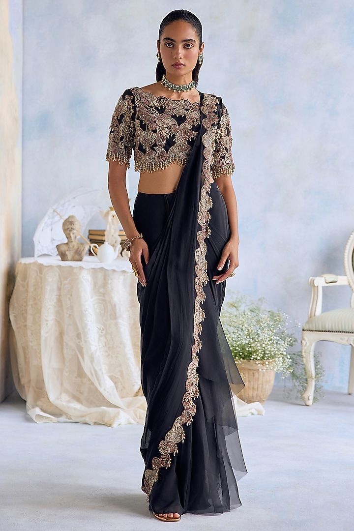Midnight Black Chiffon Hand Embroidered Pre-Draped Reception Saree Set by Ridhima Bhasin at Pernia's Pop Up Shop