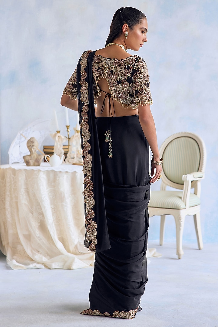Midnight Black Chiffon Hand Embroidered Pre-Draped Reception Saree Set by Ridhima Bhasin at Pernia's Pop Up Shop