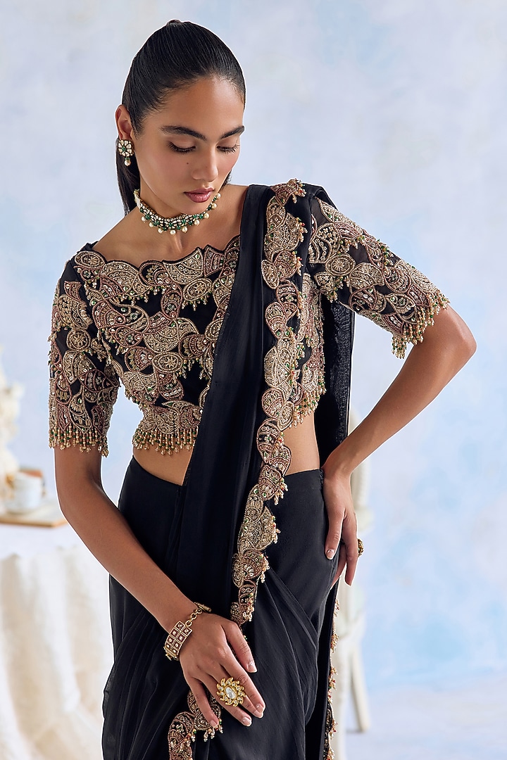 Midnight Black Chiffon Hand Embroidered Pre-Draped Reception Saree Set by Ridhima Bhasin at Pernia's Pop Up Shop
