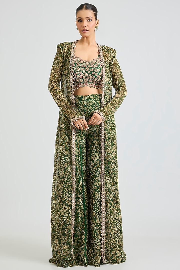 Green Chiffon Printed Wedding Sharara Set by Ridhima Bhasin at Pernia's Pop Up Shop