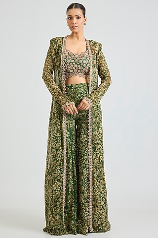 Green Chiffon Printed Sharara Set by ridhima bhasin