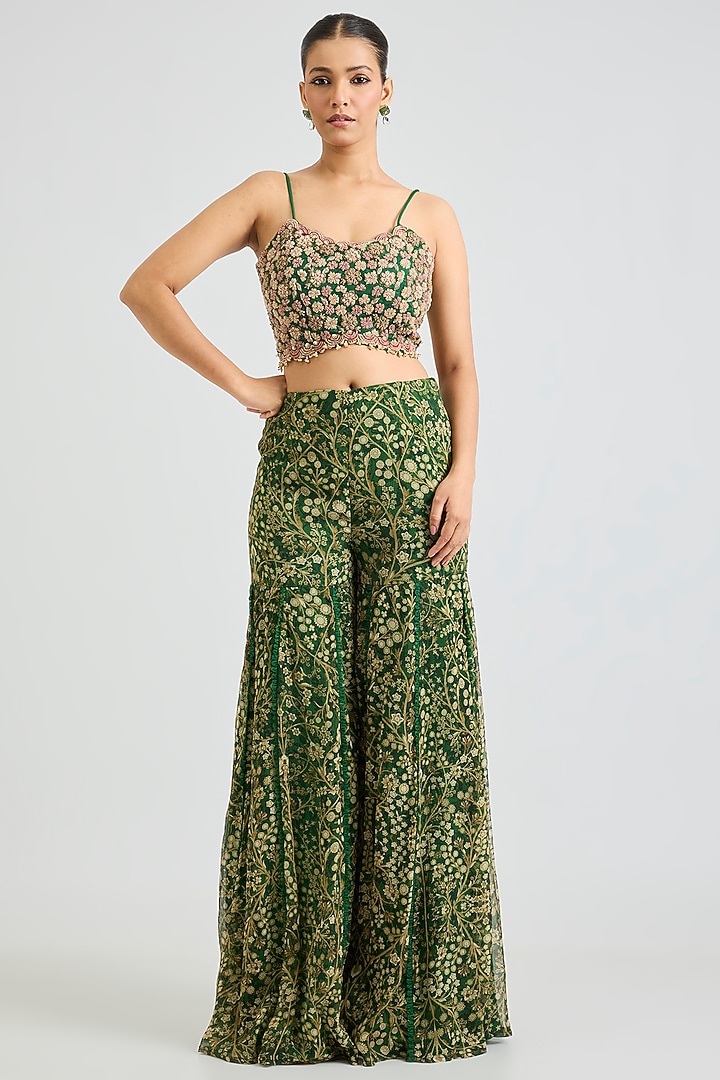 Green Chiffon Printed Wedding Sharara Set by Ridhima Bhasin at Pernia's Pop Up Shop