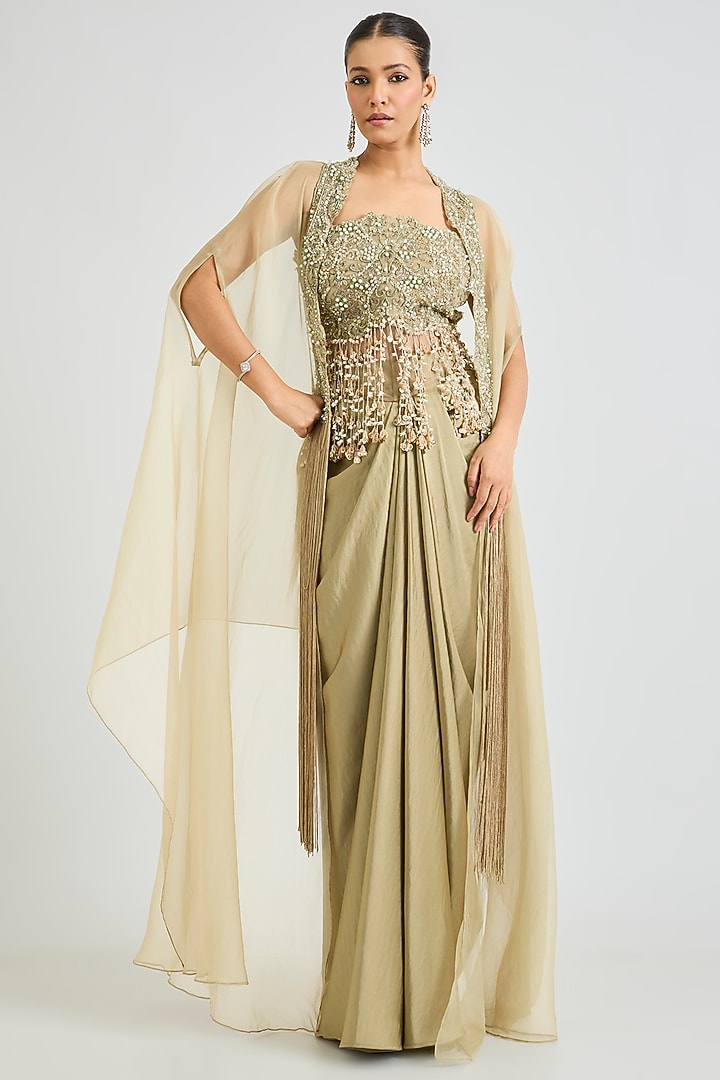 Green Armani Satin Cowl Draped Skirt Set by Ridhima Bhasin at Pernia's Pop Up Shop