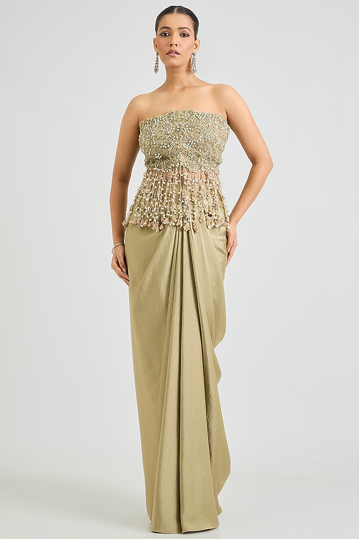 Green Armani Satin Cowl Draped Skirt Set by Ridhima Bhasin at Pernia's Pop Up Shop