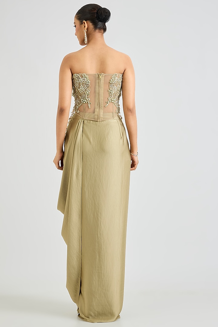 Green Armani Satin Cowl Draped Skirt Set by Ridhima Bhasin at Pernia's Pop Up Shop