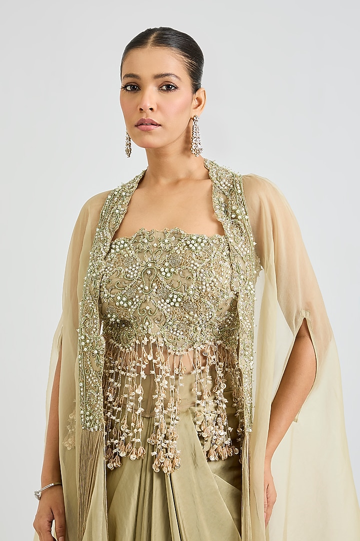 Green Armani Satin Cowl Draped Skirt Set by Ridhima Bhasin at Pernia's Pop Up Shop