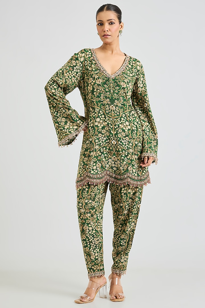 Green Rayon Printed A-line Kurta Set by Ridhima Bhasin at Pernia's Pop Up Shop