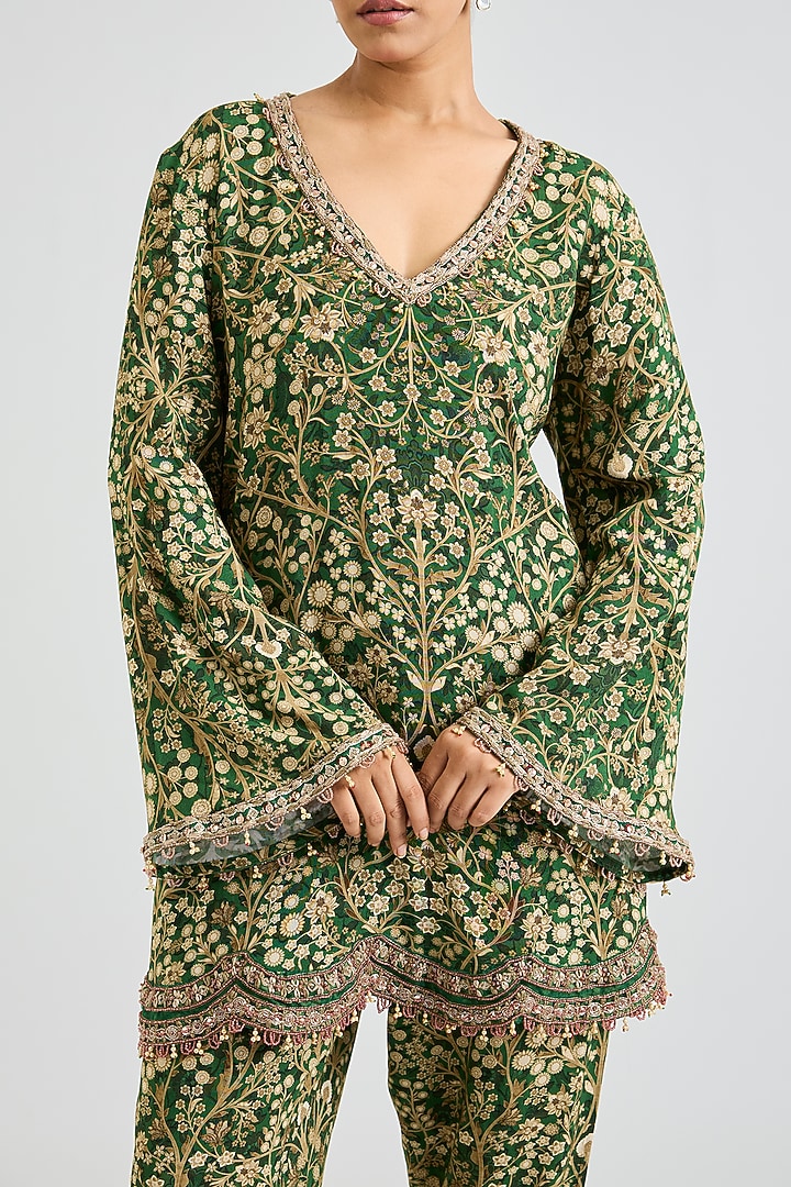 Green Rayon Printed A-line Kurta Set by Ridhima Bhasin at Pernia's Pop Up Shop