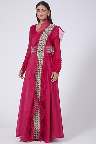 Fuchsia Embroidered Jumpsuit Set by Ridhima Bhasin