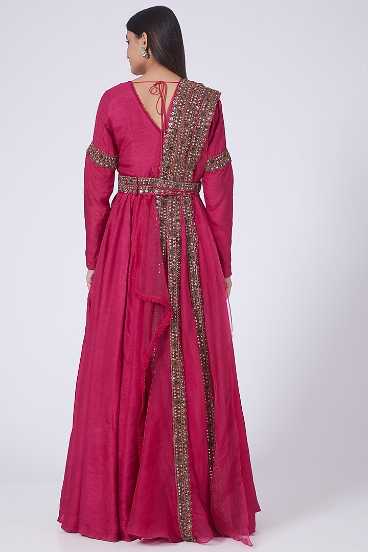 Fuchsia Organza Wedding Anarkali With Belt by Ridhima Bhasin at Pernia's Pop Up Shop