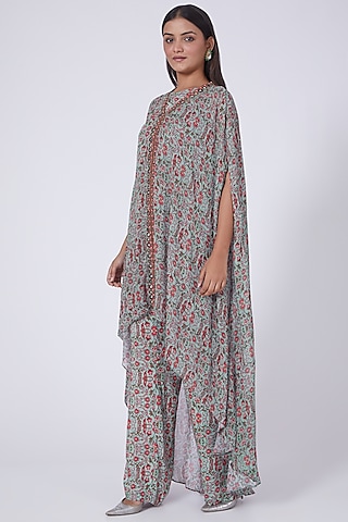 Aqua Printed High-Low Kaftan Set by Ridhima Bhasin