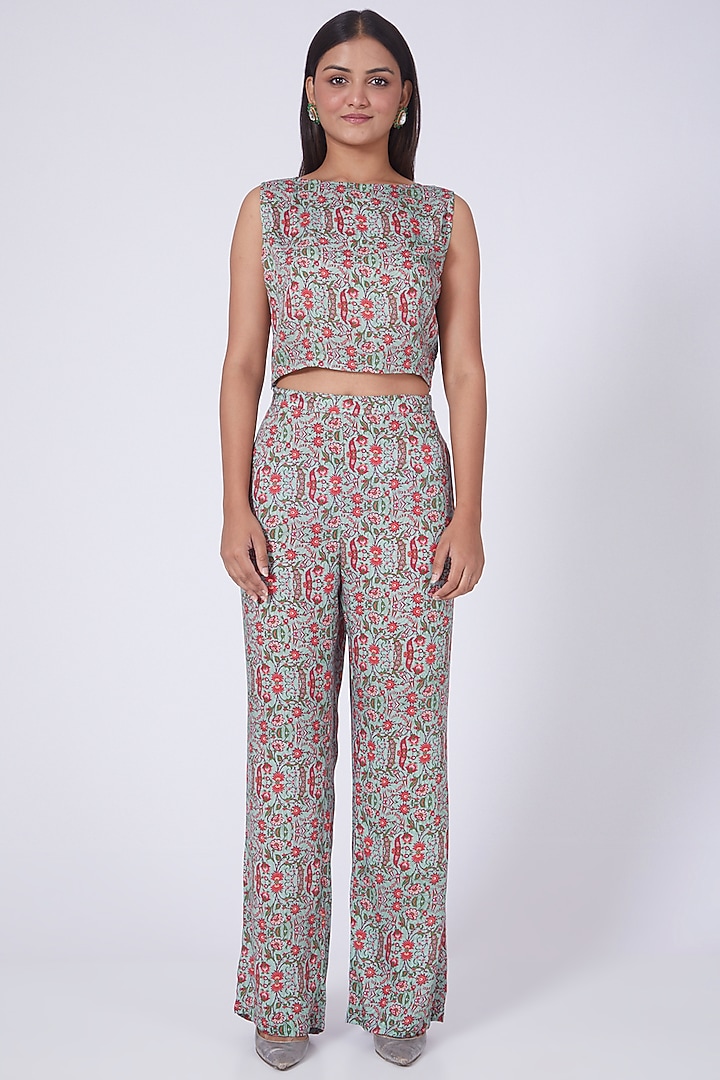 Aqua Printed High-Low Kaftan Set by Ridhima Bhasin at Pernia's Pop Up Shop