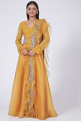 Yellow Embroidered Pre-Draped Jumpsuit Set by Ridhima Bhasin