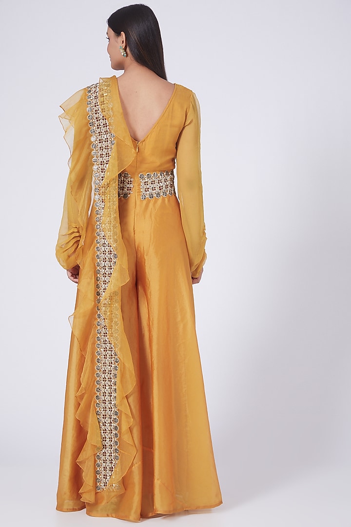 Yellow Embroidered Pre-Draped Jumpsuit Set by Ridhima Bhasin at Pernia's Pop Up Shop